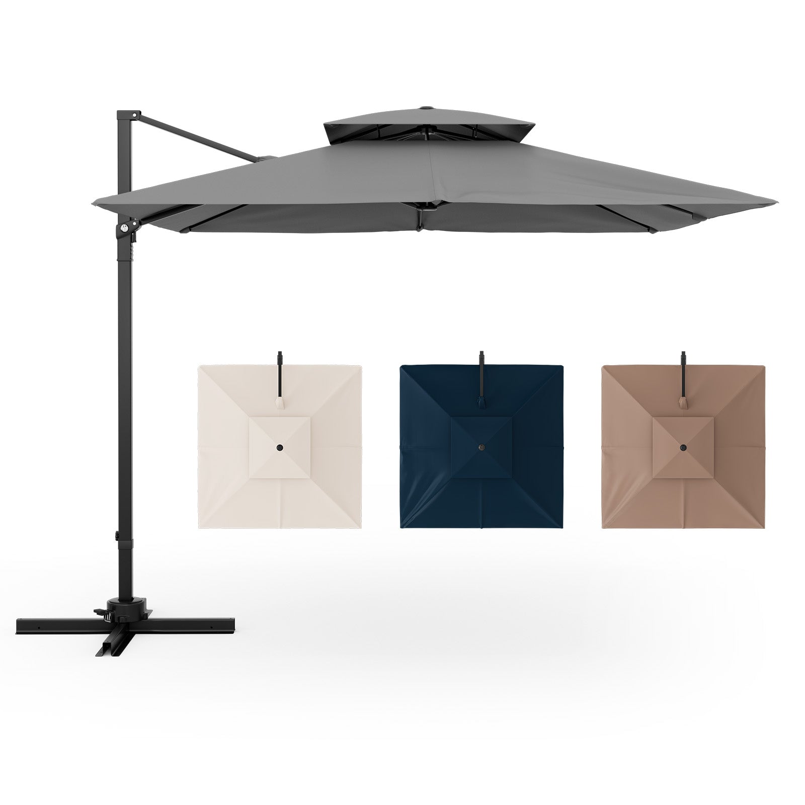 9.5 Feet Cantilever Patio Umbrella, 360° Rotation, Double Top, Gray Outdoor Umbrellas at Gallery Canada