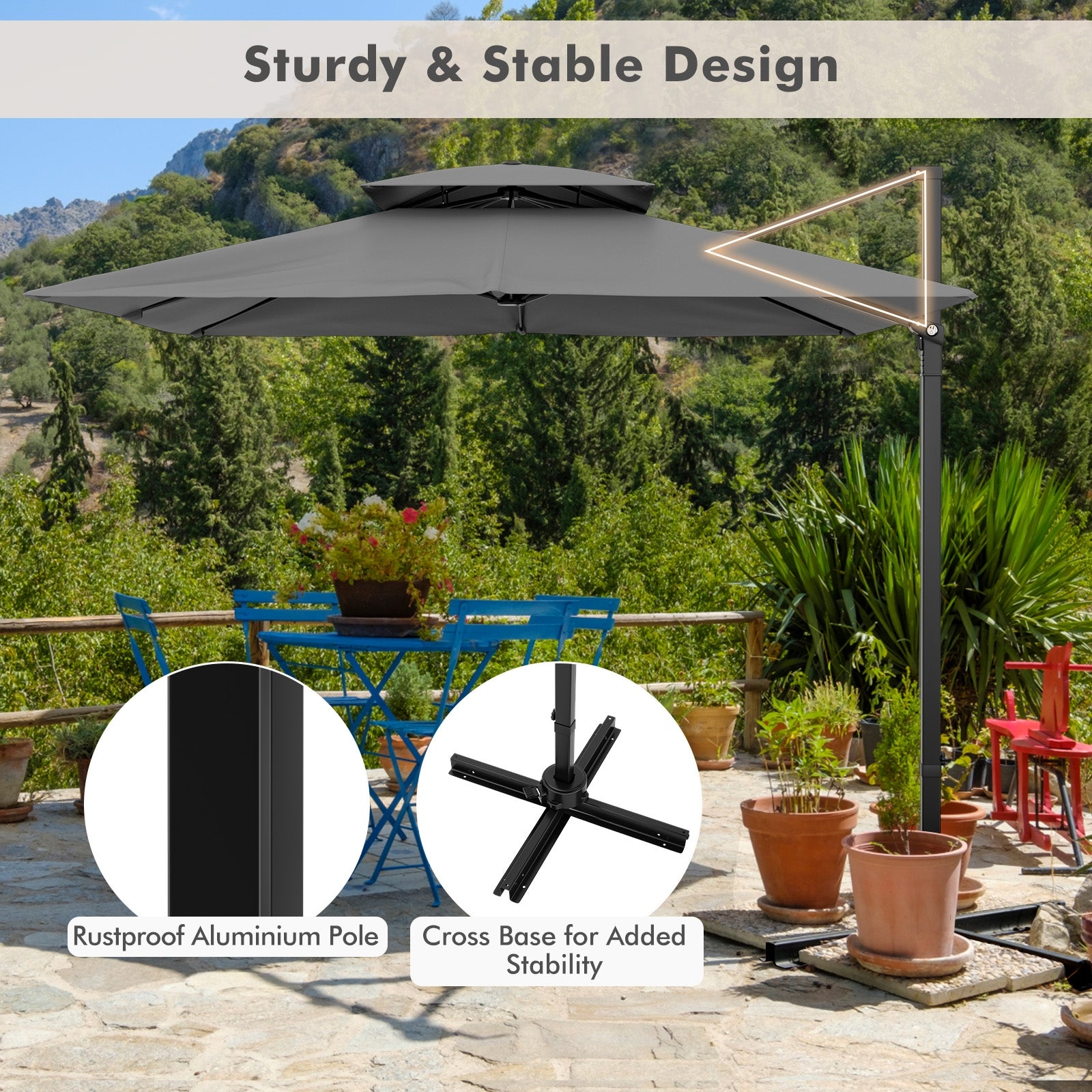 9.5 Feet Cantilever Patio Umbrella, 360° Rotation, Double Top, Gray Outdoor Umbrellas at Gallery Canada