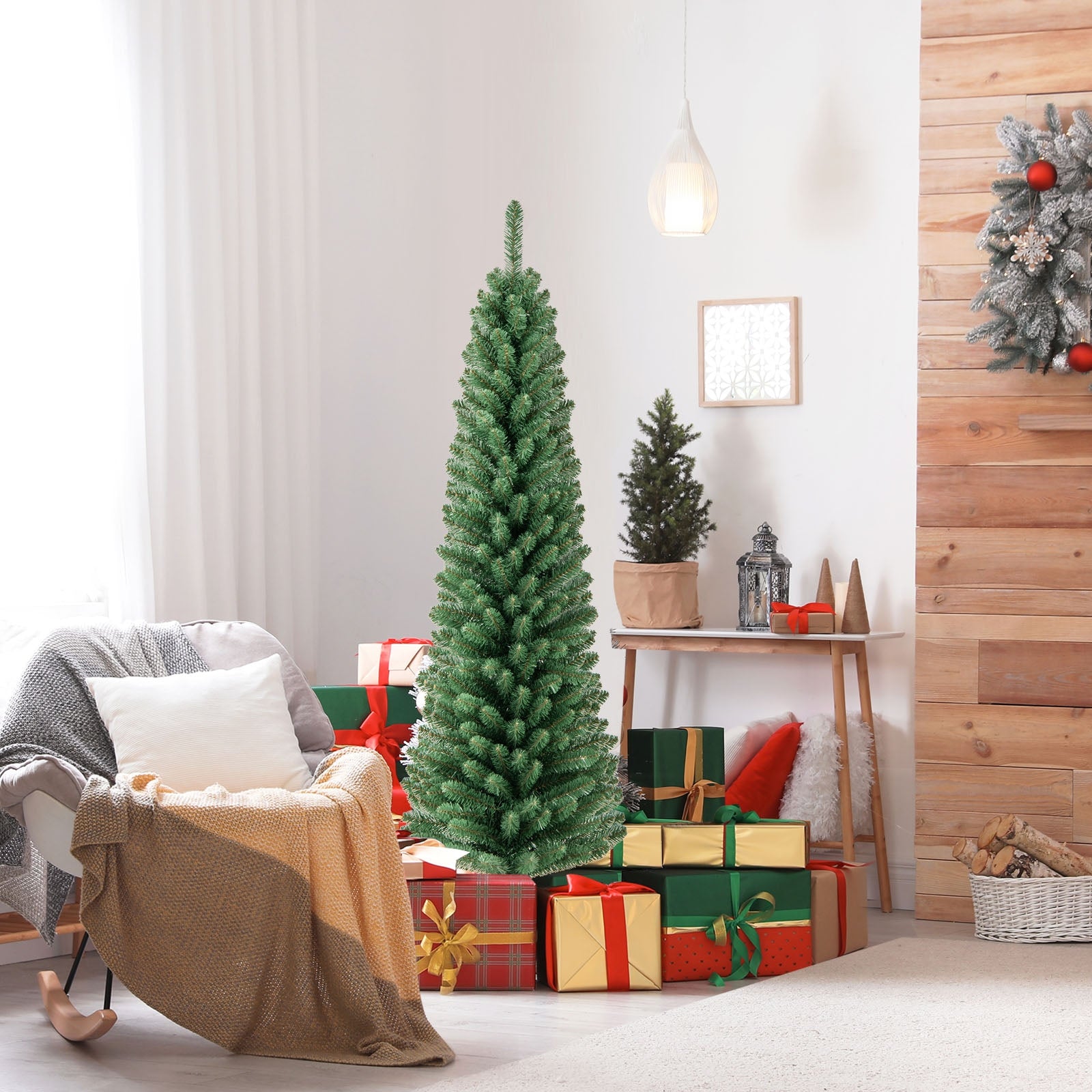 5FT Pencil Christmas Tree, Memory Wire, Warm LED Lights, Green Christmas Tree at Gallery Canada