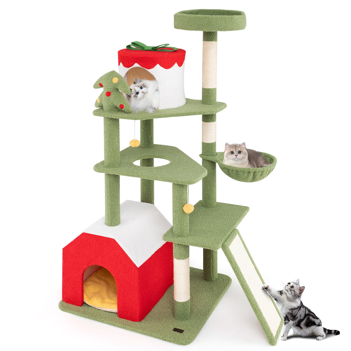 61 Inches Christmas Cat Tree, Sisal Scratching Posts, 2 Condos, Green Cat Trees Condos & Scratchers at Gallery Canada