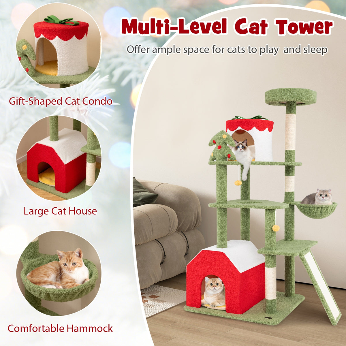 61 Inches Christmas Cat Tree, Sisal Scratching Posts, 2 Condos, Green Cat Trees Condos & Scratchers at Gallery Canada
