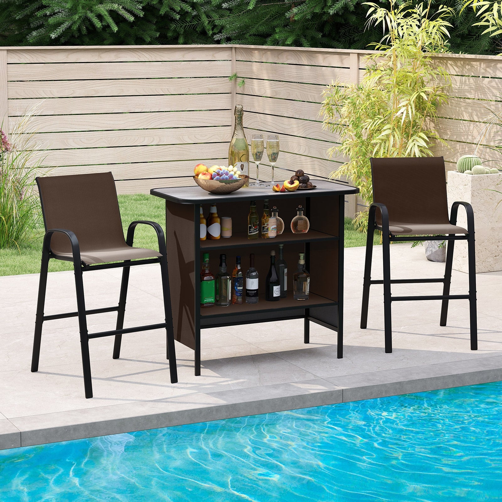 3 Piece Outdoor Bar Set, Footrest, 2-Tier Shelf Patio Bar Furniture at Gallery Canada