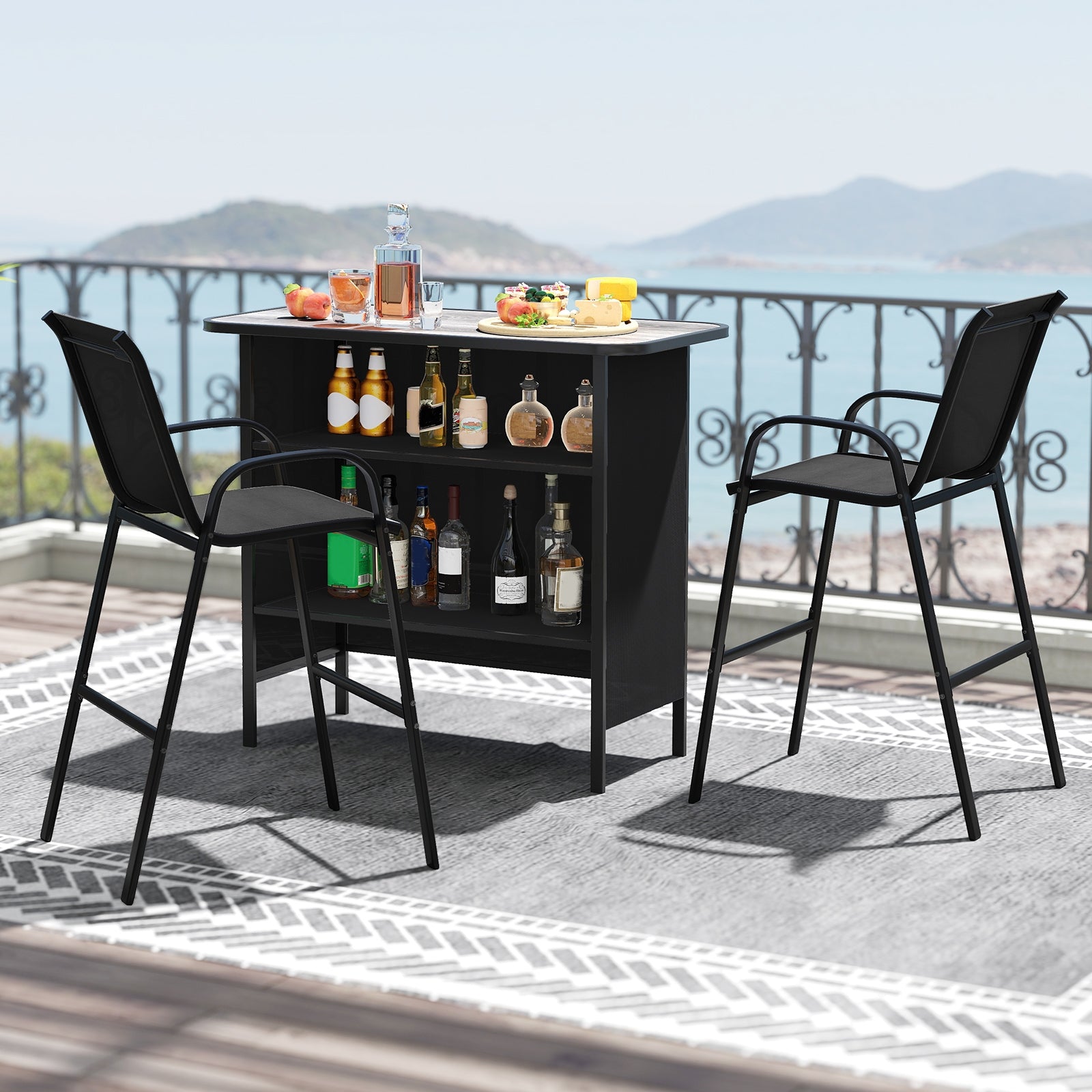 3 Piece Outdoor Bar Set With Footrest, 2-Tier Shelf, Black Patio Bar Furniture at Gallery Canada
