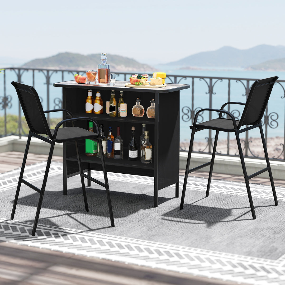 3 Piece Outdoor Bar Set With Footrest, 2-Tier Shelf, Black Patio Bar Furniture at Gallery Canada