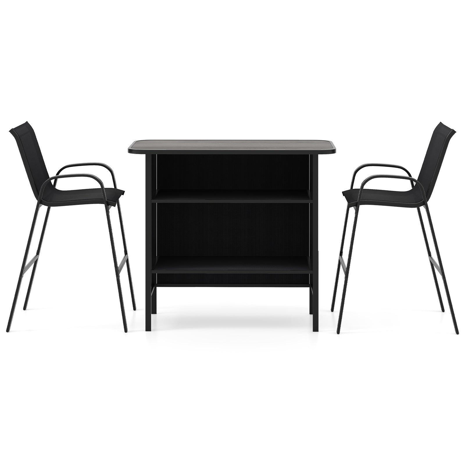 3 Piece Outdoor Bar Set With Footrest, 2-Tier Shelf, Black Patio Bar Furniture Black at Gallery Canada