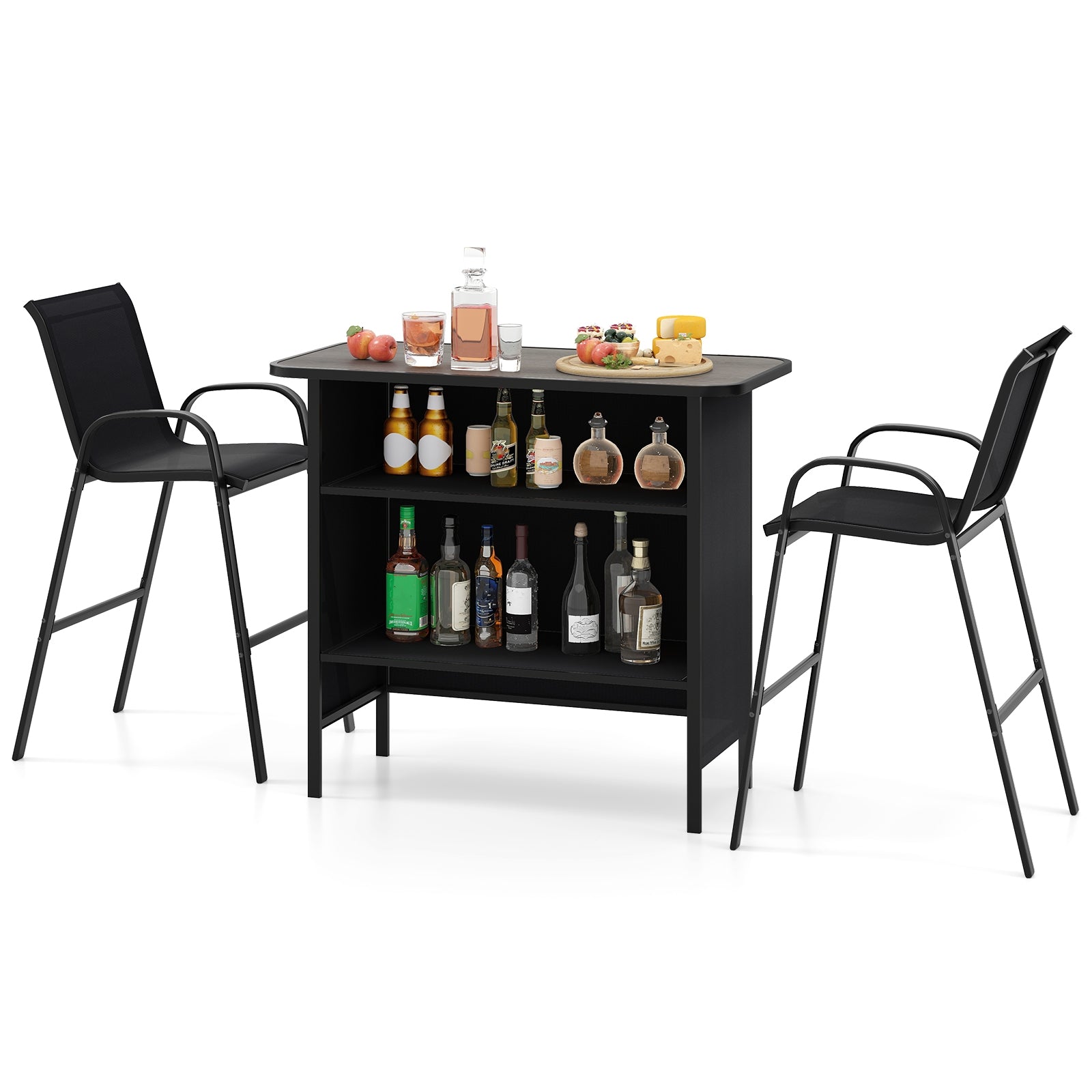 3 Piece Outdoor Bar Set With Footrest, 2-Tier Shelf, Black Patio Bar Furniture at Gallery Canada