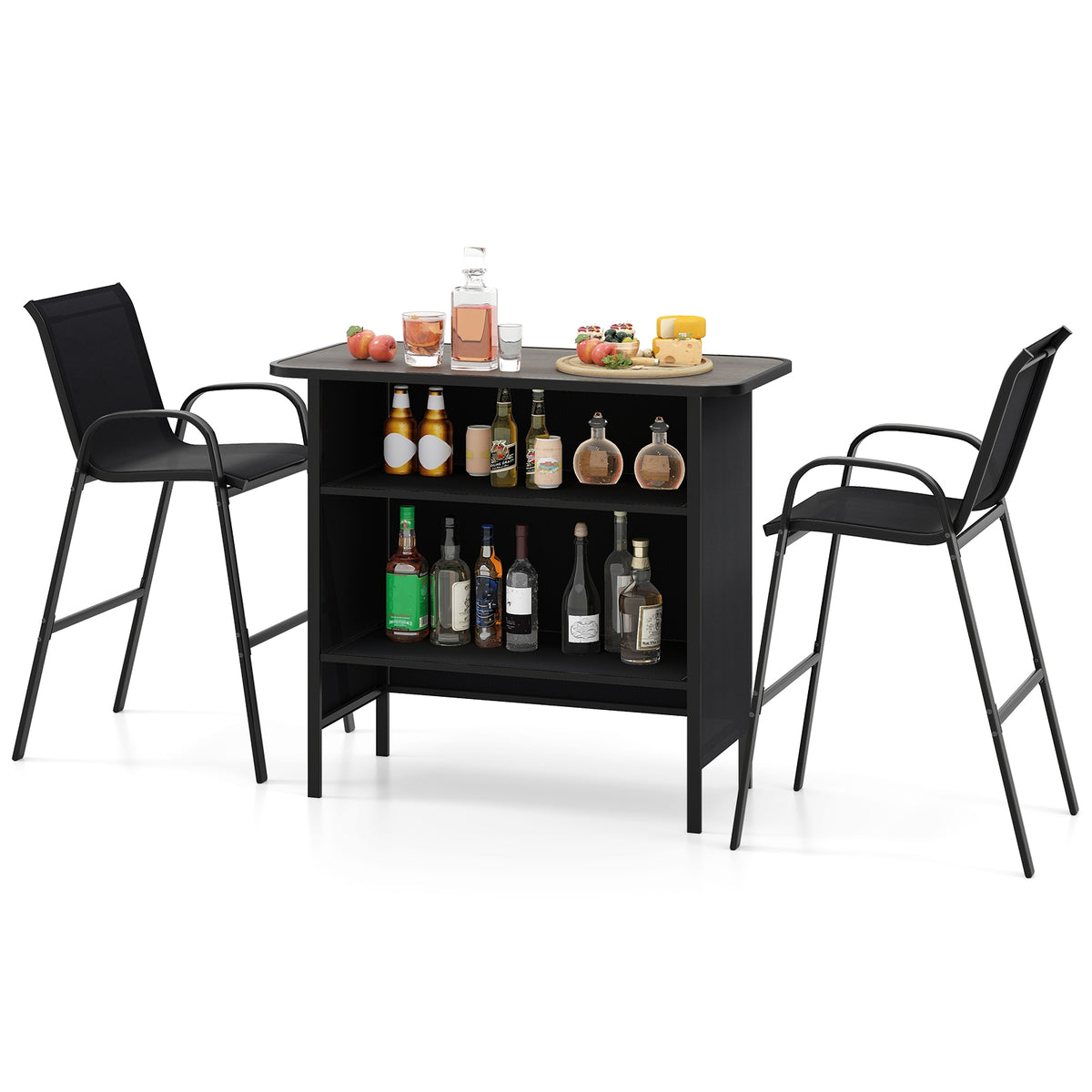 3 Piece Outdoor Bar Set With Footrest, 2-Tier Shelf, Black Patio Bar Furniture at Gallery Canada