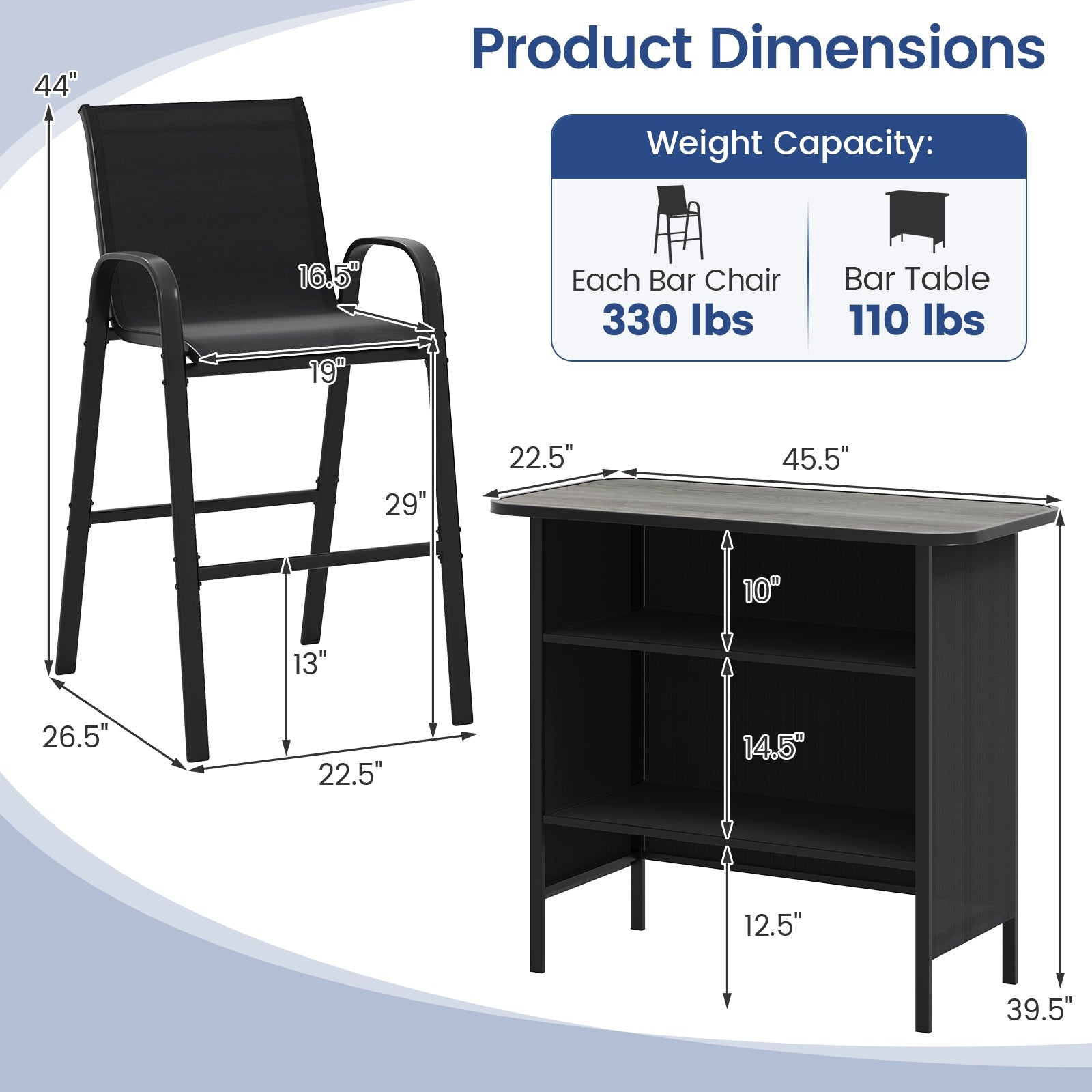 3 Piece Outdoor Bar Set With Footrest, 2-Tier Shelf, Black Patio Bar Furniture at Gallery Canada