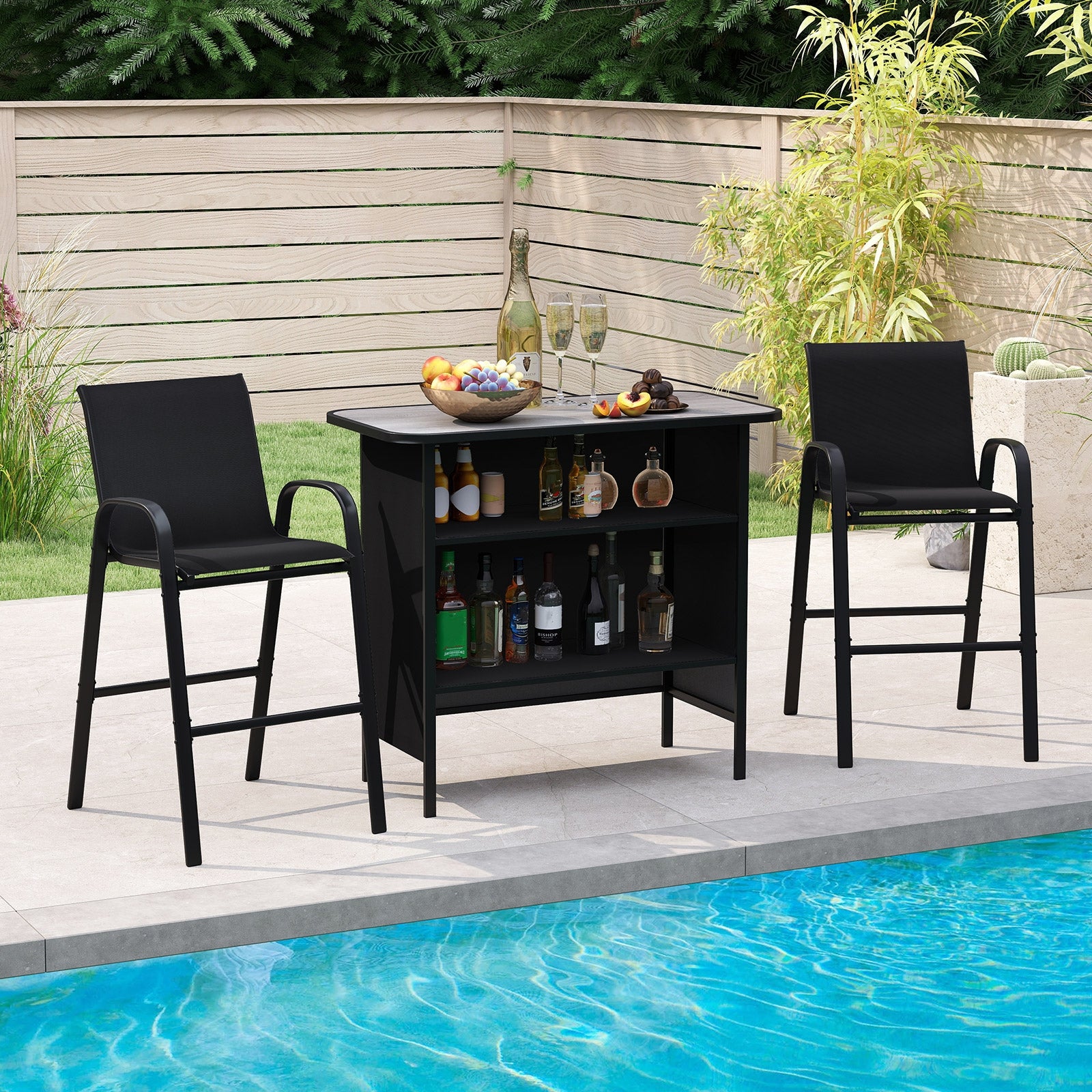 3 Piece Outdoor Bar Set With Footrest, 2-Tier Shelf, Black Patio Bar Furniture at Gallery Canada
