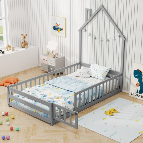 Twin Size Montessori Floor Bed, Lockable Door, Full Guardrail, Gray