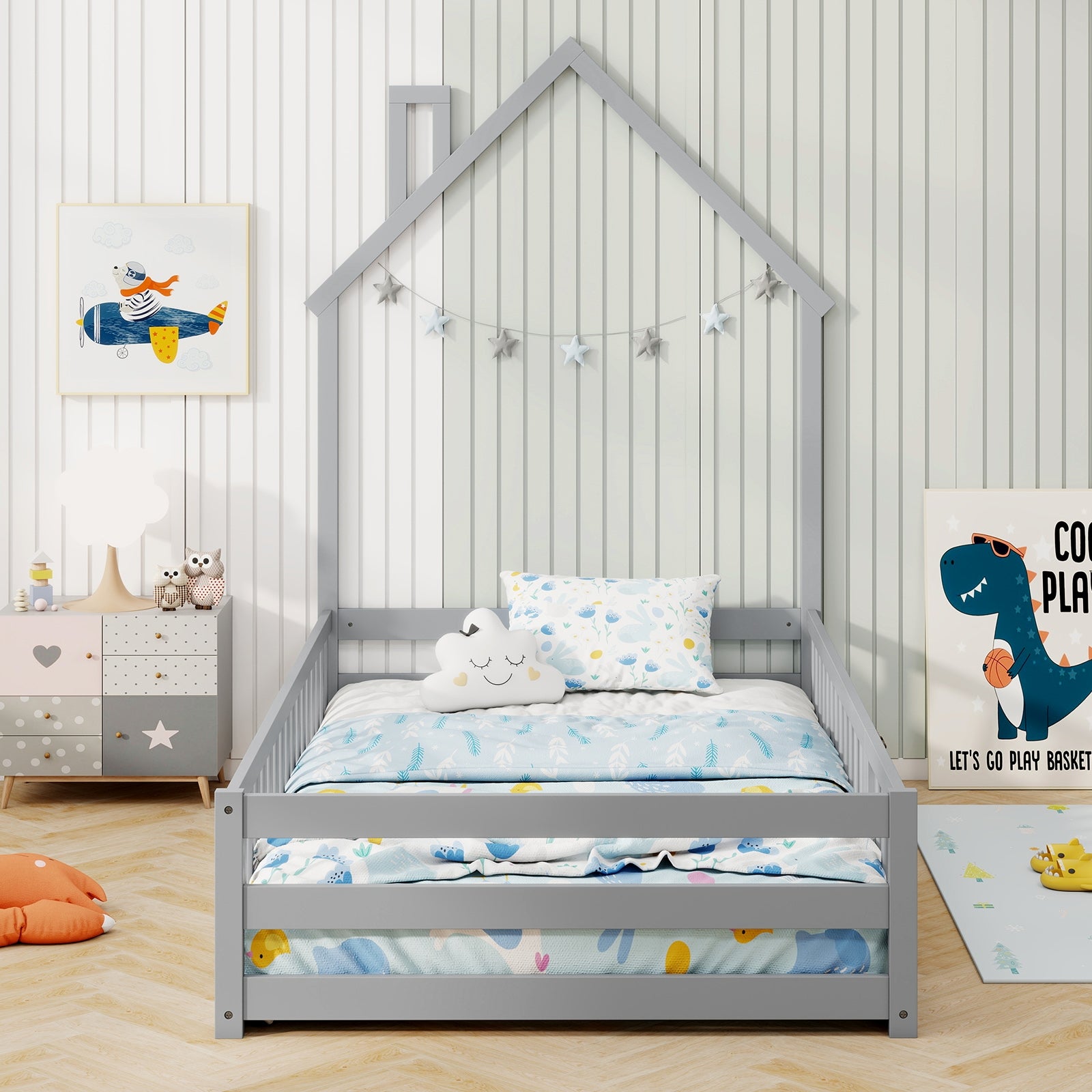 Twin Size Montessori Floor Bed, Lockable Door, Full Guardrail, Gray Toddler Beds at Gallery Canada