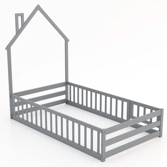 Twin Size Montessori Floor Bed, Lockable Door, Full Guardrail, Gray Toddler Beds Gray at Gallery Canada