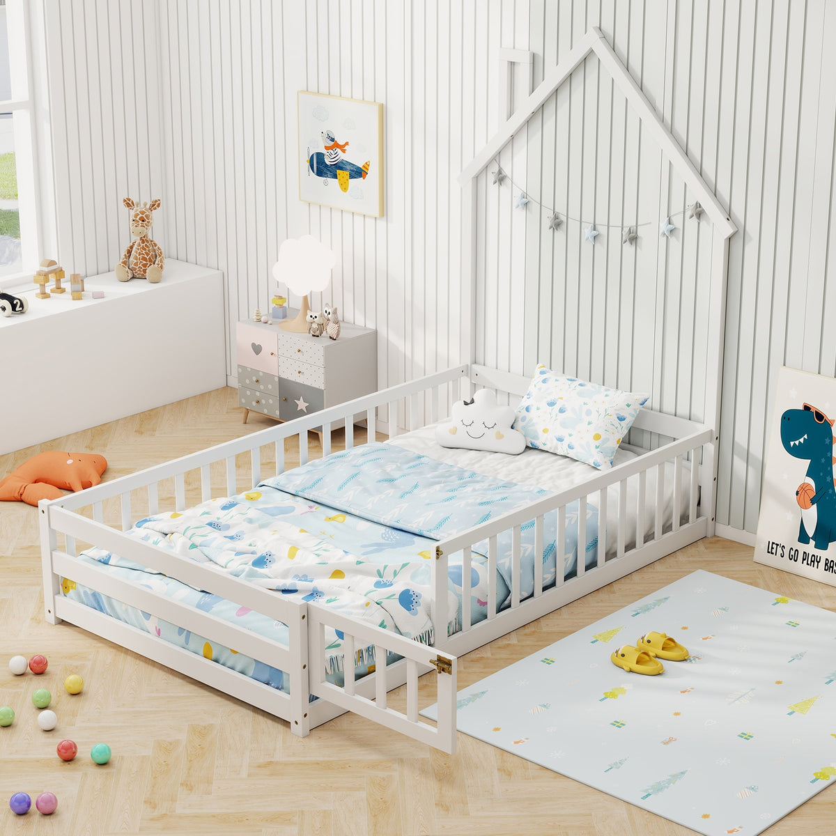 Twin Size Montessori Floor Bed, Lockable Door, Full Guardrail, White Toddler Beds at Gallery Canada