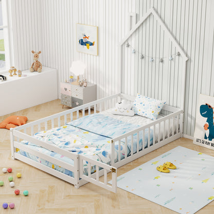 Twin Size Montessori Floor Bed, Lockable Door, Full Guardrail, White Toddler Beds at Gallery Canada