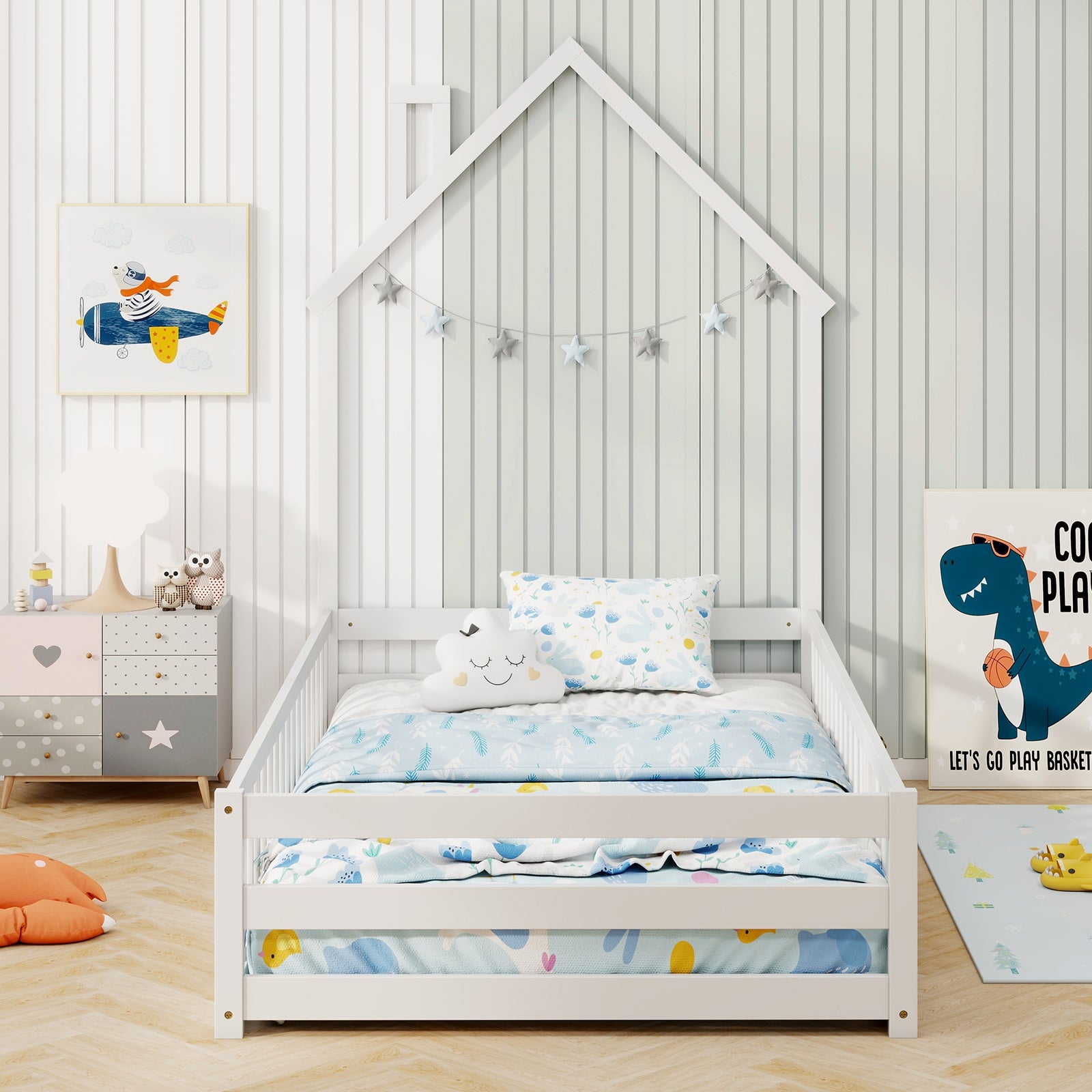 Twin Size Montessori Floor Bed, Lockable Door, Full Guardrail, White Toddler Beds at Gallery Canada