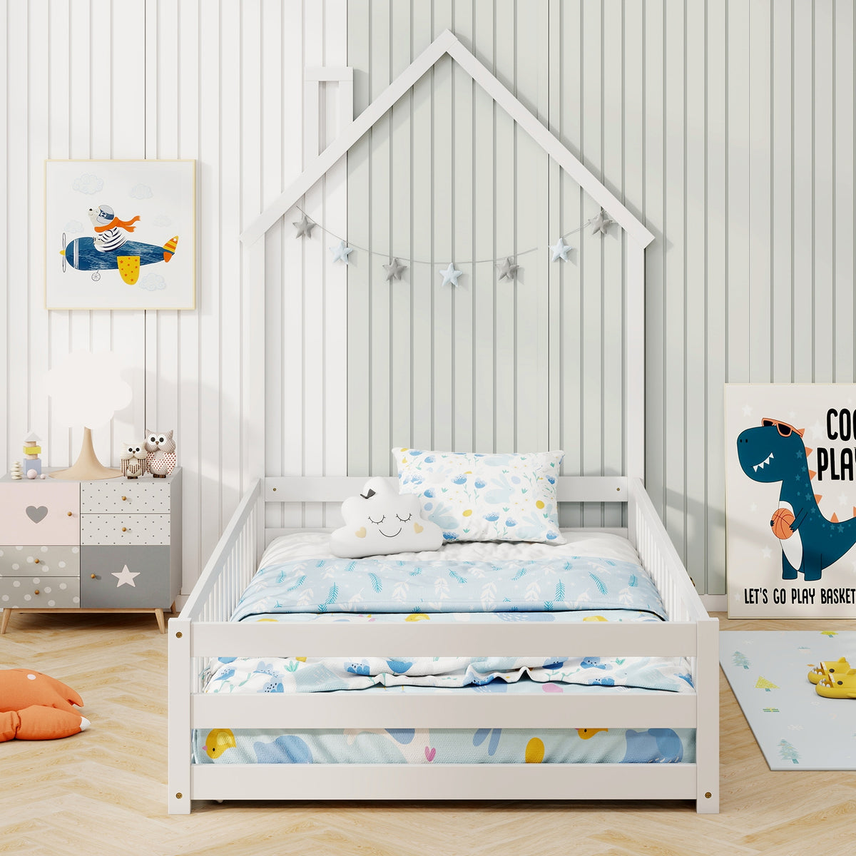 Twin Size Montessori Floor Bed, Lockable Door, Full Guardrail, White Toddler Beds at Gallery Canada