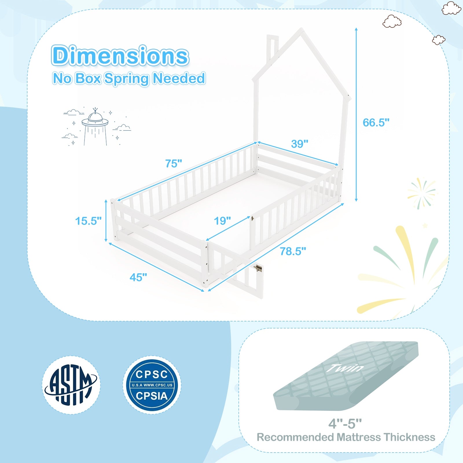Twin Size Montessori Floor Bed, Lockable Door, Full Guardrail, White Toddler Beds at Gallery Canada