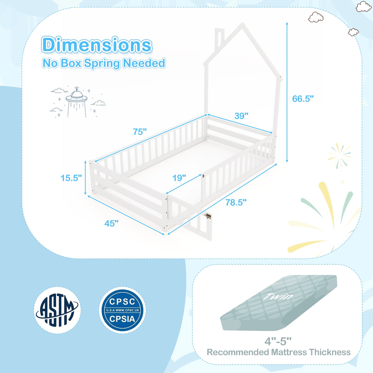 Twin Size Montessori Floor Bed, Lockable Door, Full Guardrail, White Toddler Beds at Gallery Canada