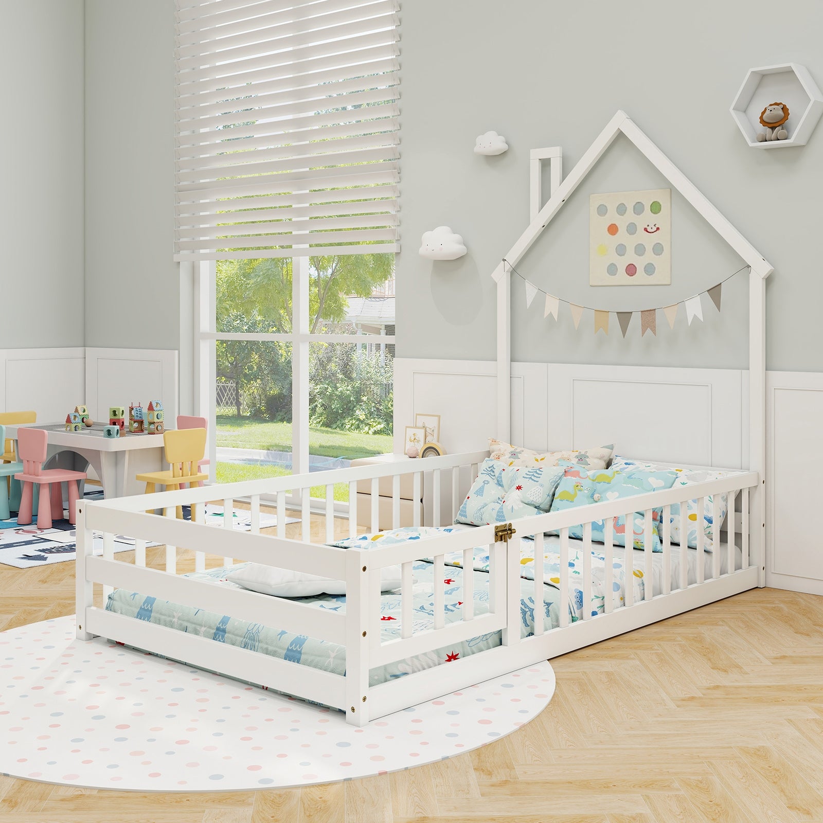 Twin Size Montessori Floor Bed, Lockable Door, Full Guardrail, White Toddler Beds at Gallery Canada
