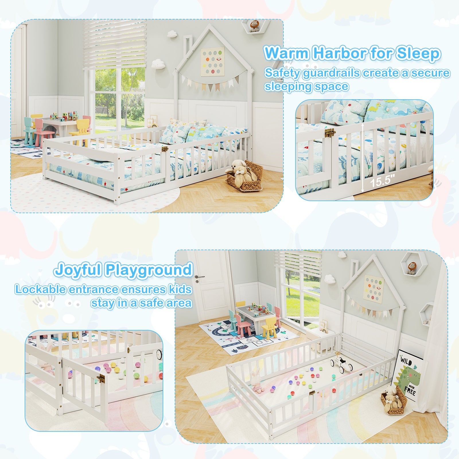 Twin Size Montessori Floor Bed, Lockable Door, Full Guardrail, White Toddler Beds at Gallery Canada