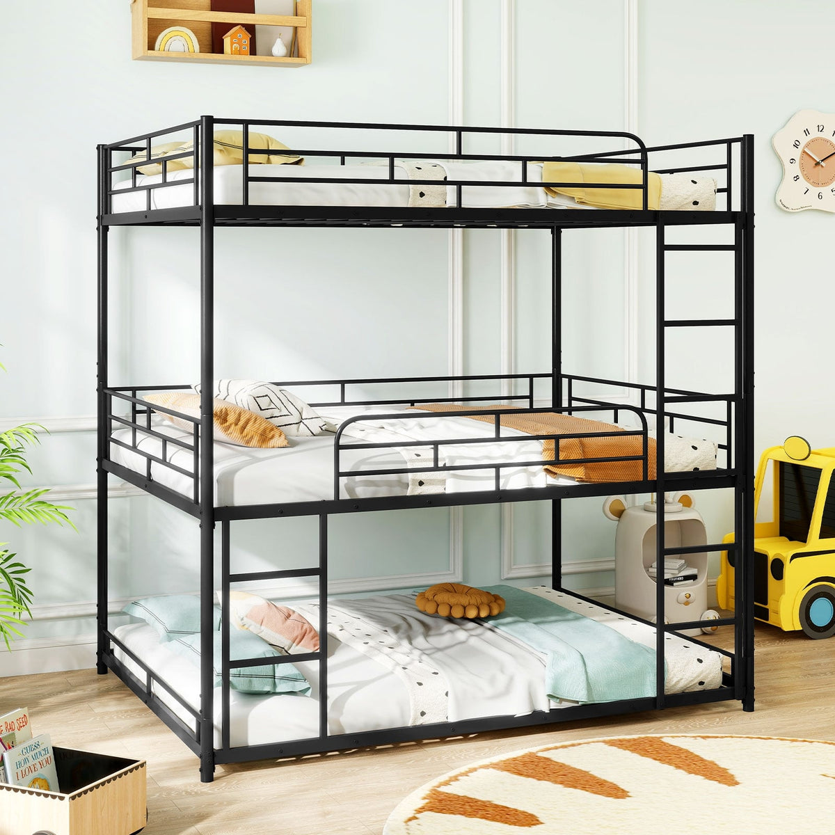 Metal Triple Bunk Bed With Safety Guardrails, 2 Ladders, Black Bunk Bed Frame at Gallery Canada