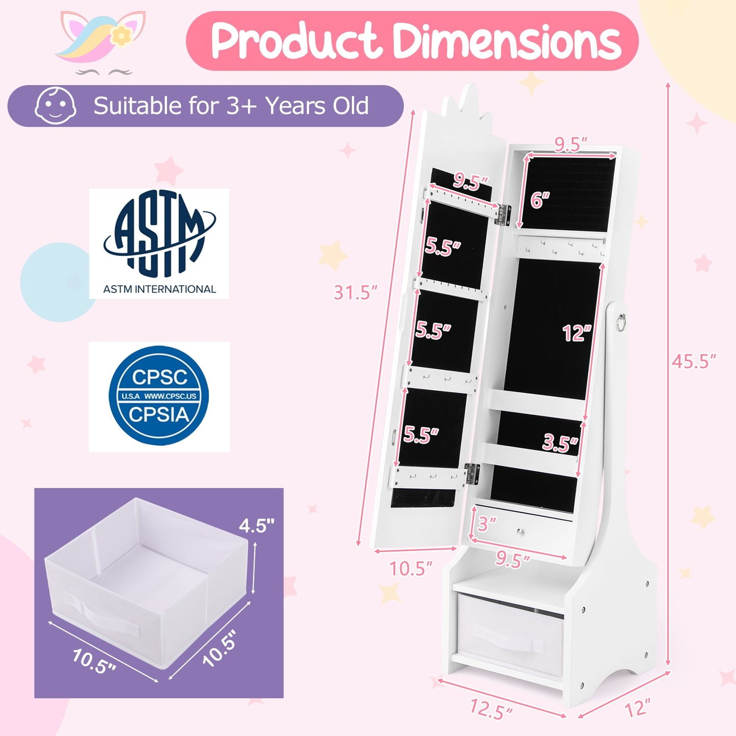 Kids Jewelry Cabinet With Full-Length Mirror, White Kids Vanities at Gallery Canada
