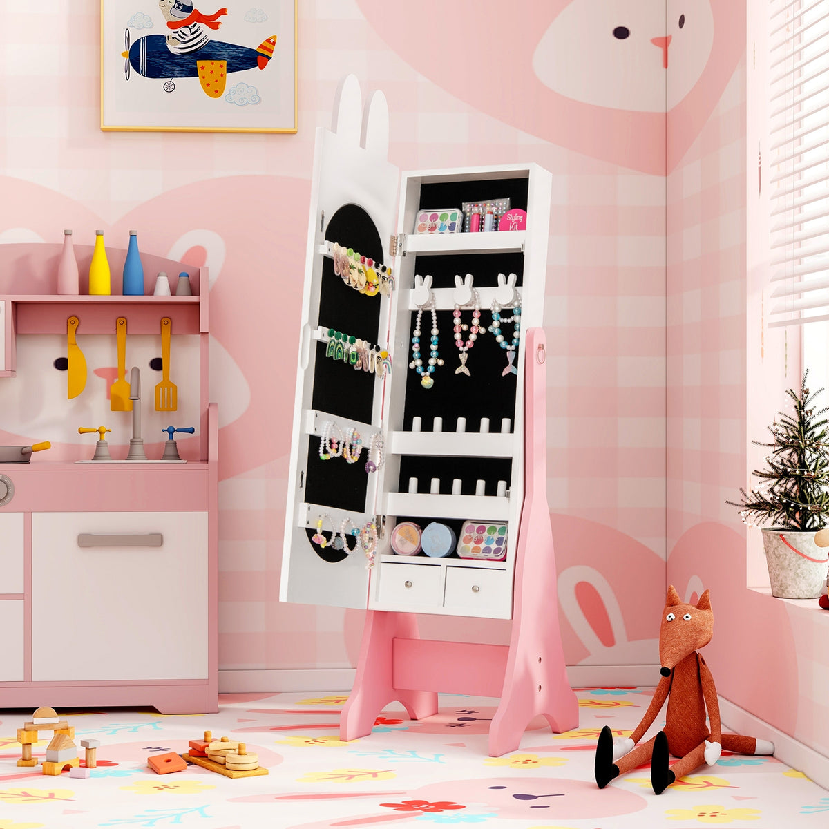Kids Jewelry Armoire Cabinet with 2 Tilt Angles and Large Capacity, White Kids Vanities at Gallery Canada
