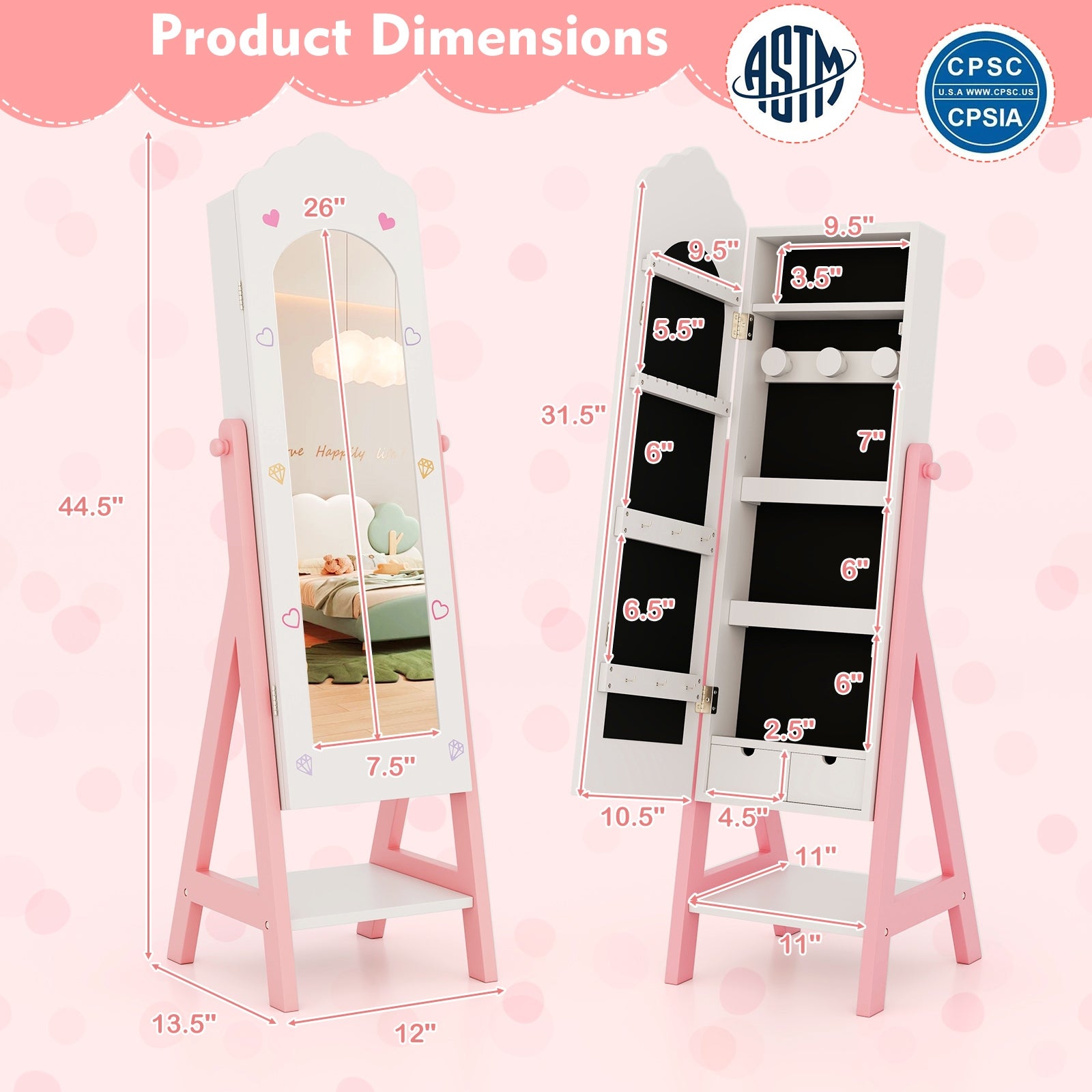 Kids Jewelry Organizer, Full Length Mirror Drawers, White Kids Vanities at Gallery Canada