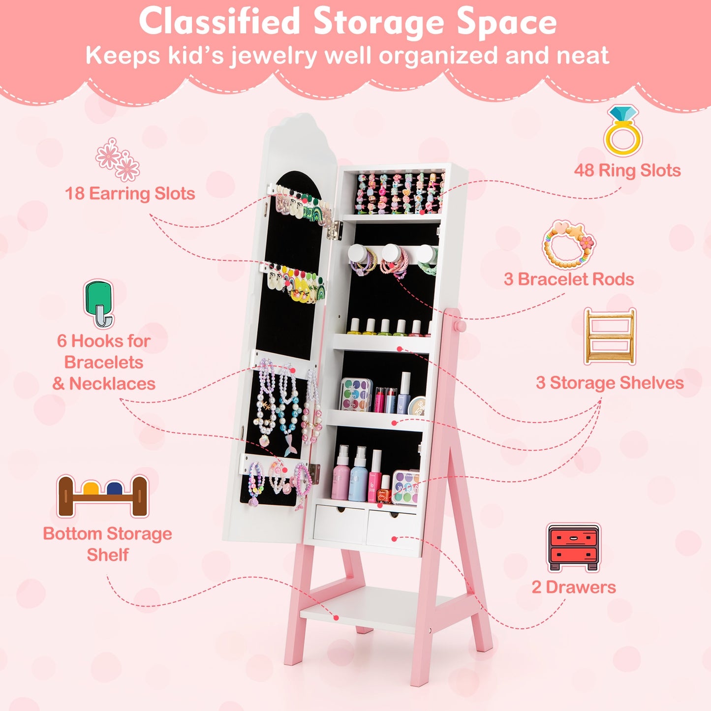 Kids Jewelry Organizer, Full Length Mirror Drawers, White Kids Vanities at Gallery Canada