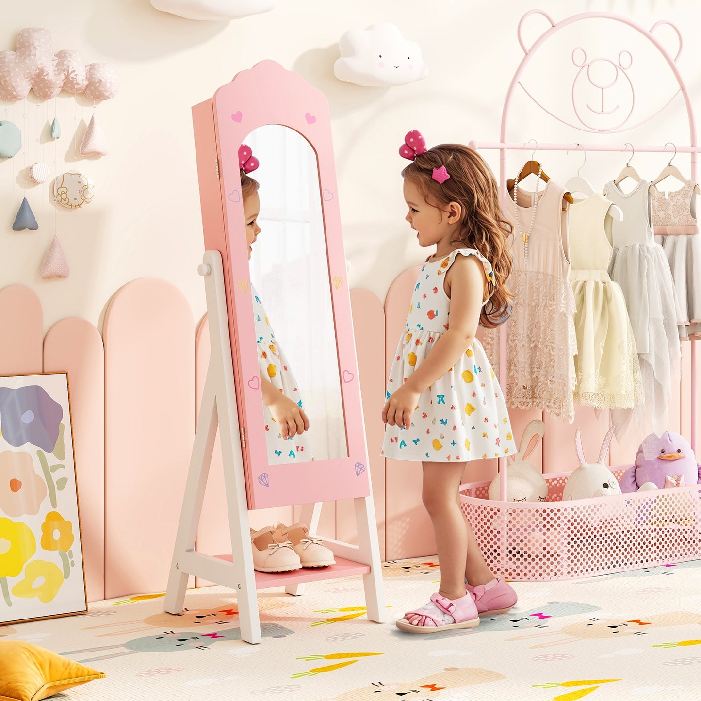 Kids Jewelry Organizer, Full Mirror Drawers, Storage Shelves, Pink Kids Vanities at Gallery Canada