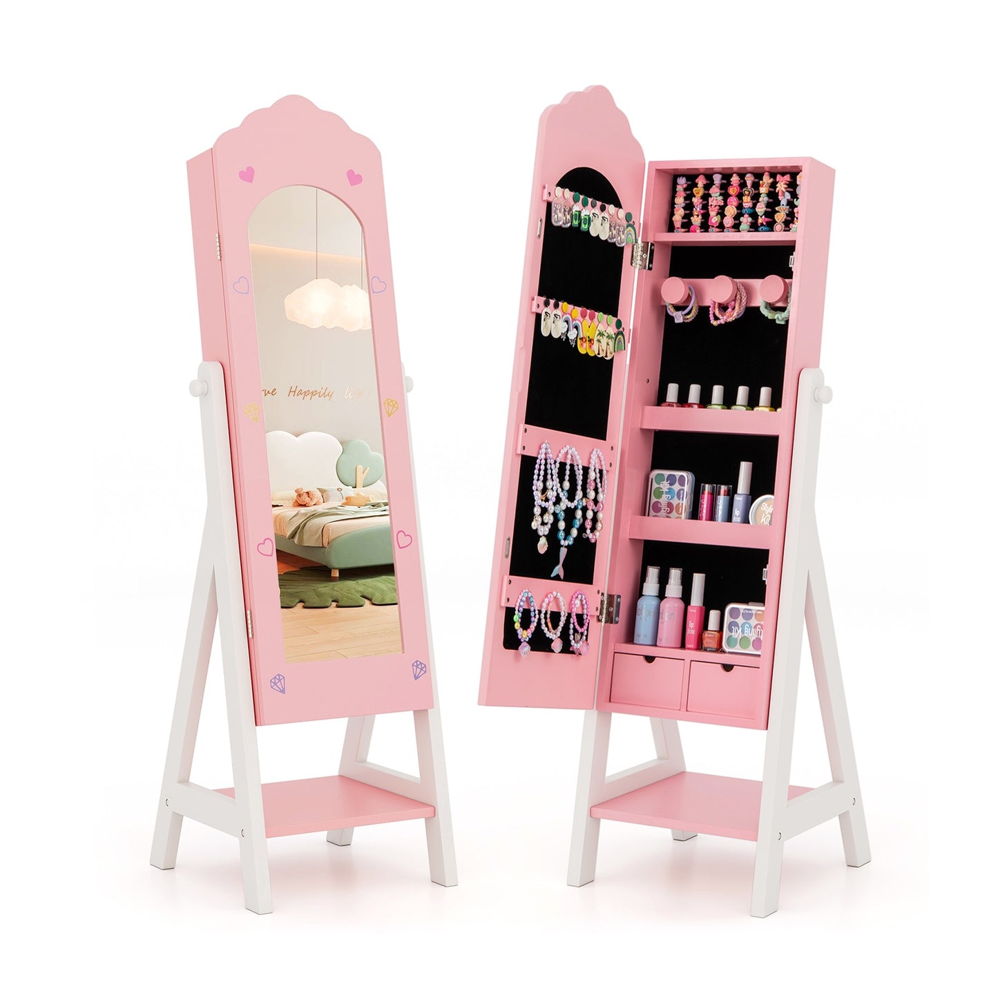 Kids Jewelry Organizer, Full Mirror Drawers, Storage Shelves, Pink Kids Vanities at Gallery Canada