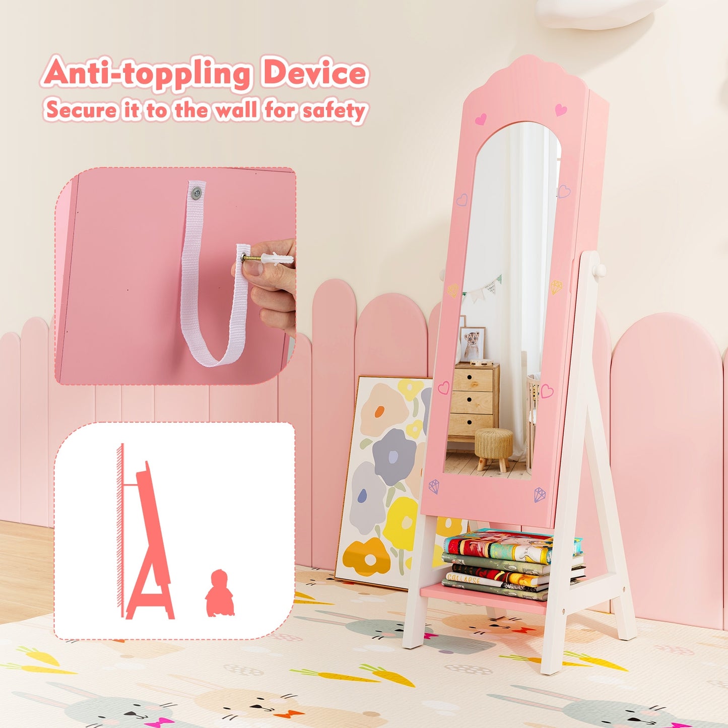 Kids Jewelry Organizer, Full Mirror Drawers, Storage Shelves, Pink Kids Vanities at Gallery Canada