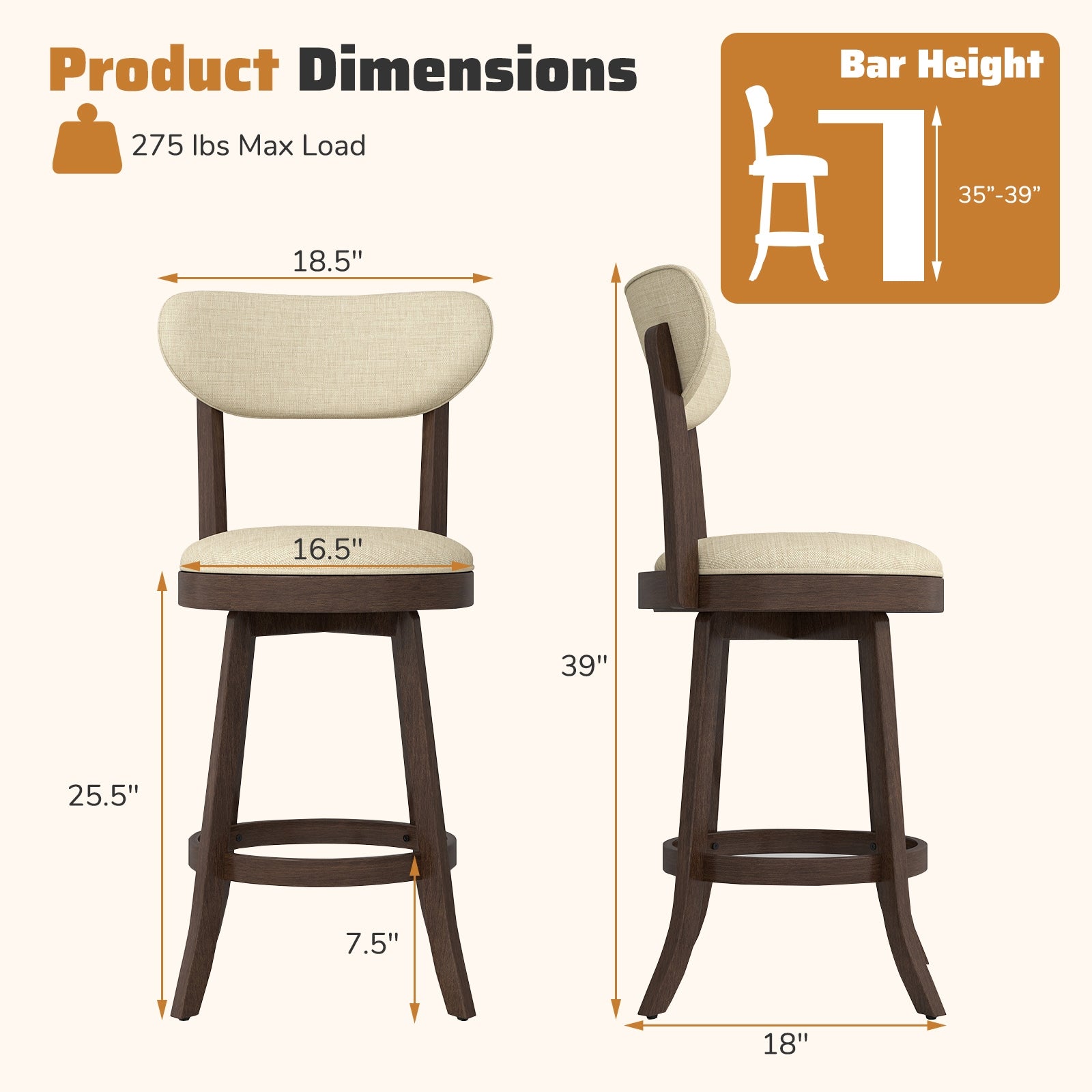 25.5 Inch Counter Height Chairs, Set of 2, Padded Seat and Backrest, Brown Bar Stools at Gallery Canada