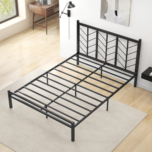 Queen Size Platform Bed With Headboard, Metal Frame, Black