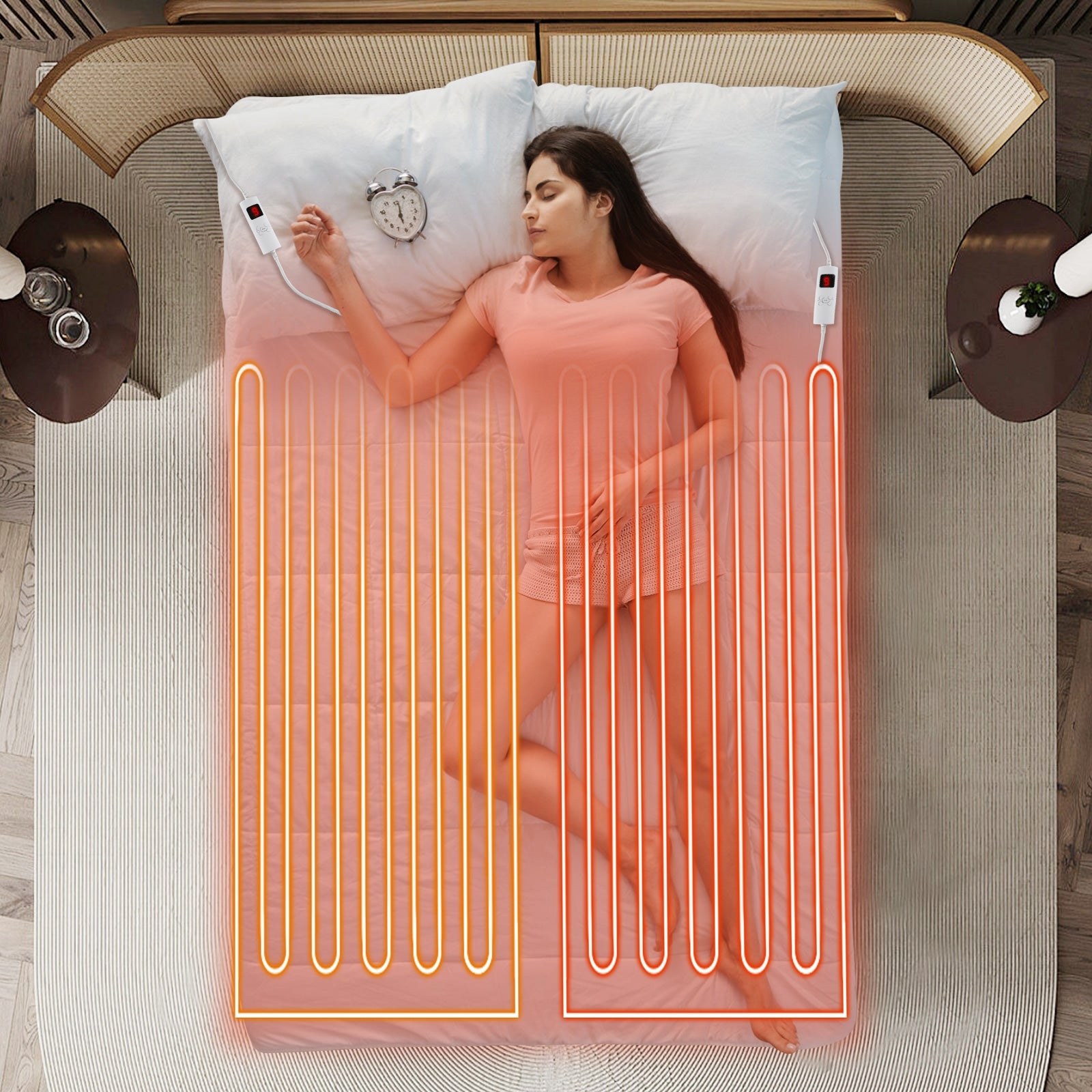 Electric Bed Warmer, Full Size, Dual Controller, 9 Heat Settings, White Bedding at Gallery Canada