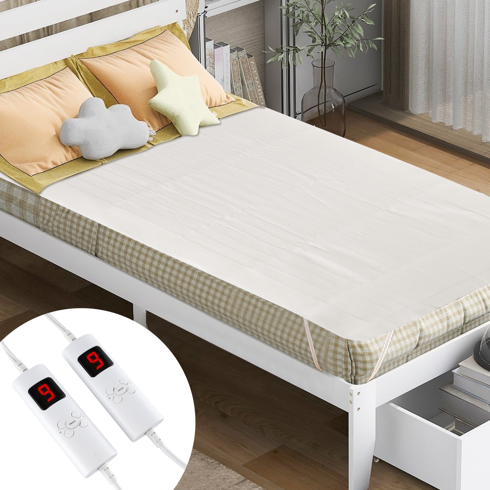 Electric Bed Warmer, Full Size, Dual Controller, 9 Heat Settings, White Bedding at Gallery Canada