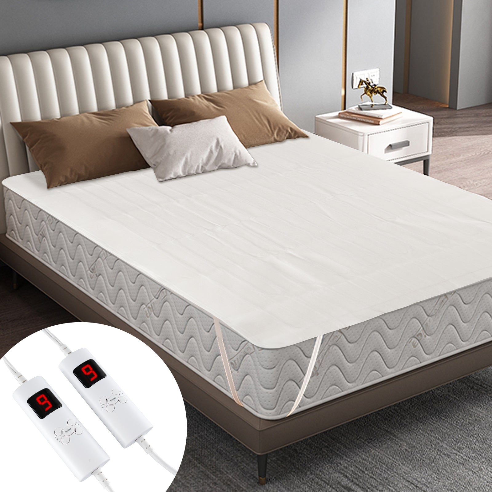 Electric Bed Warmer, Dual Controller, 9 Heat Settings, Queen Size, White Bedding at Gallery Canada