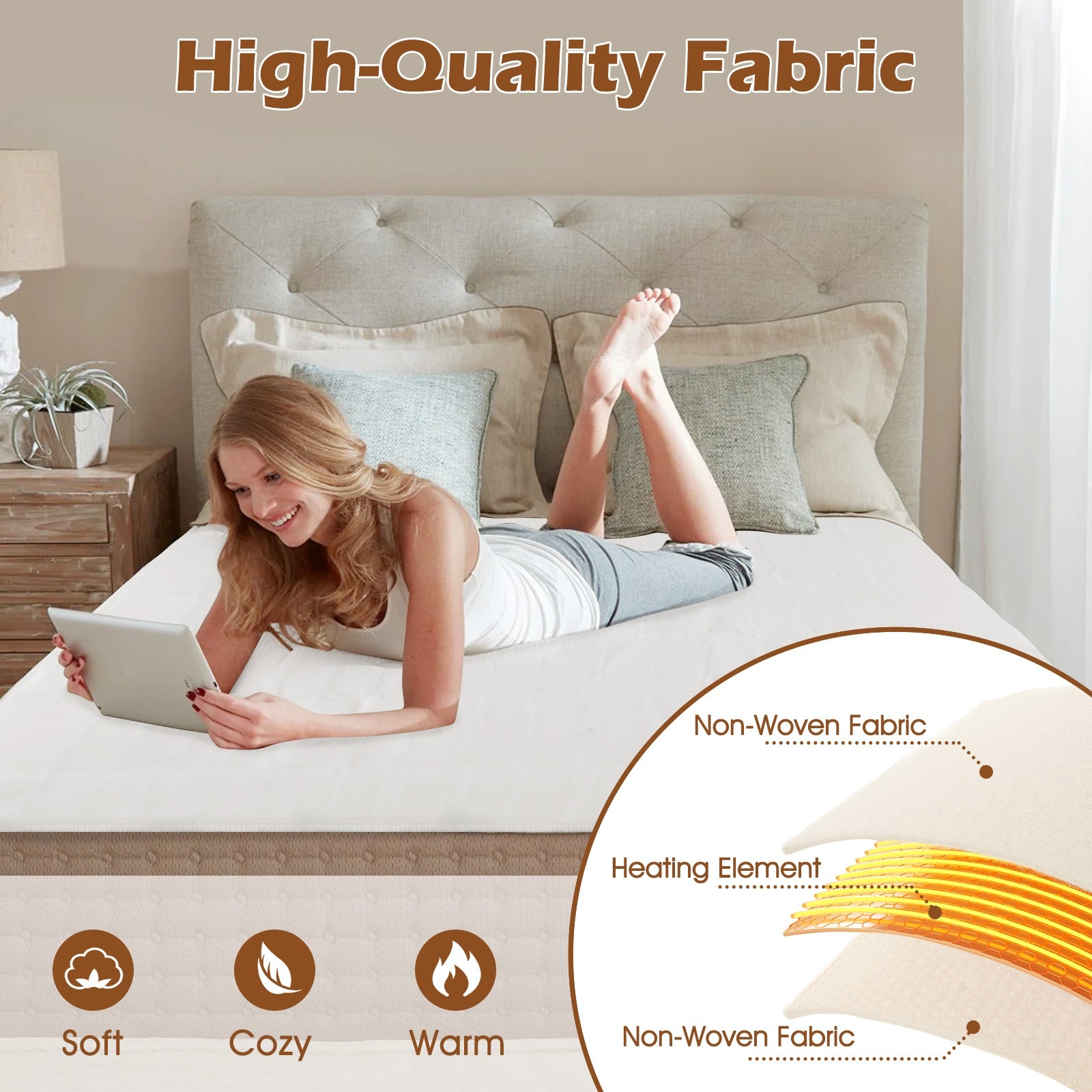 Electric Bed Warmer, Dual Controller, 9 Heat Settings, Queen Size, White Bedding at Gallery Canada