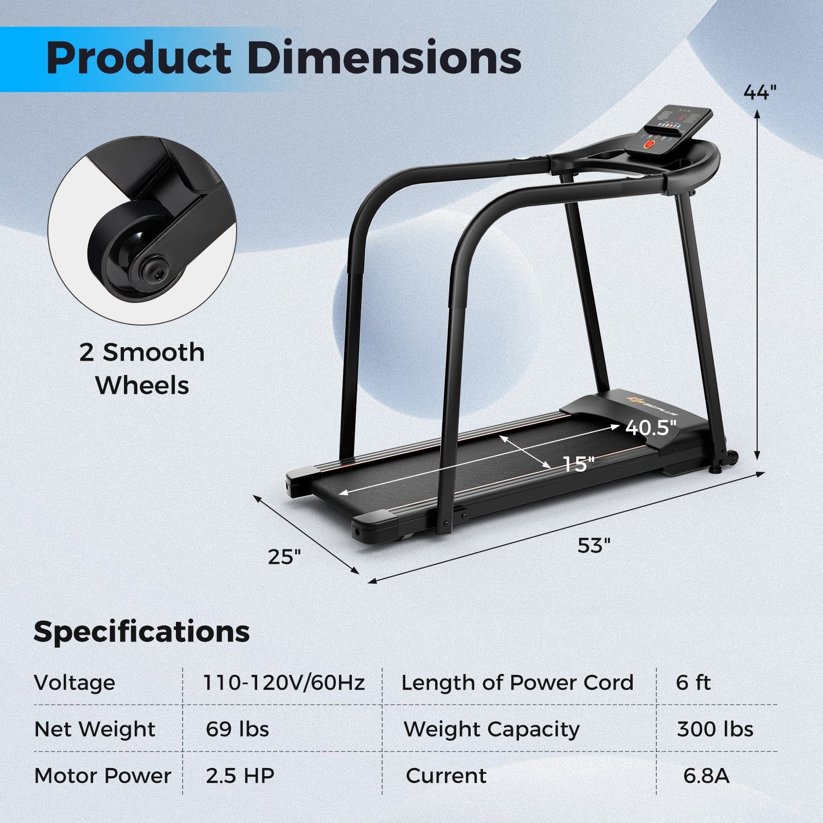2.5 HP Walking Treadmill, Long Handrails For Seniors, Black Treadmills at Gallery Canada