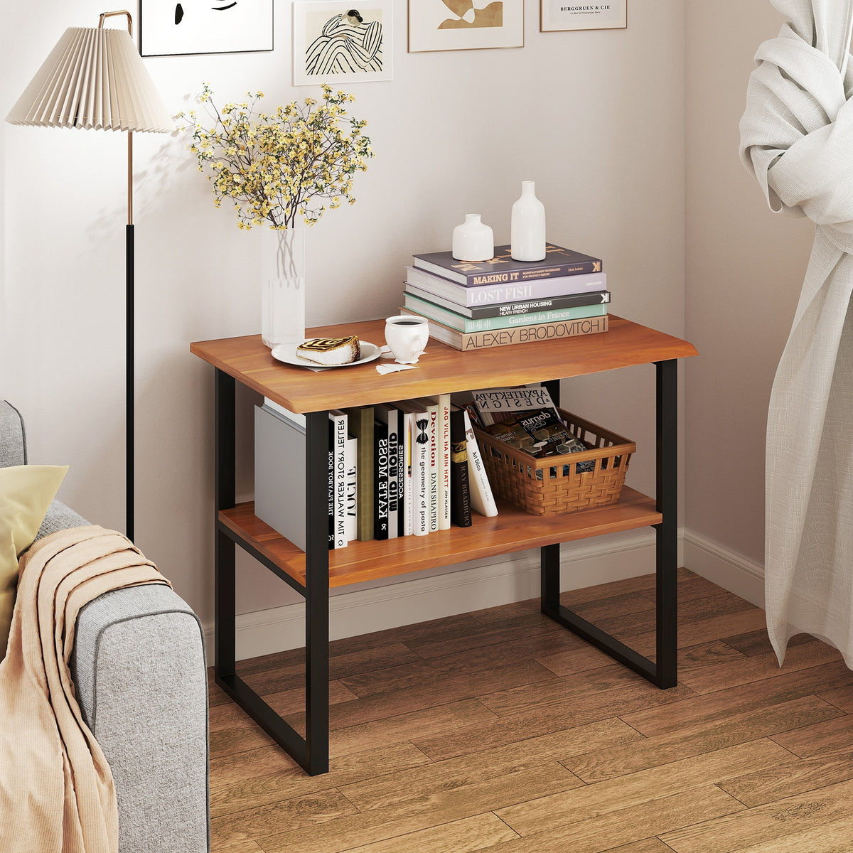 2-Tier Teak Wood End Table, Living Room Side Table Nightstands at Gallery Canada
