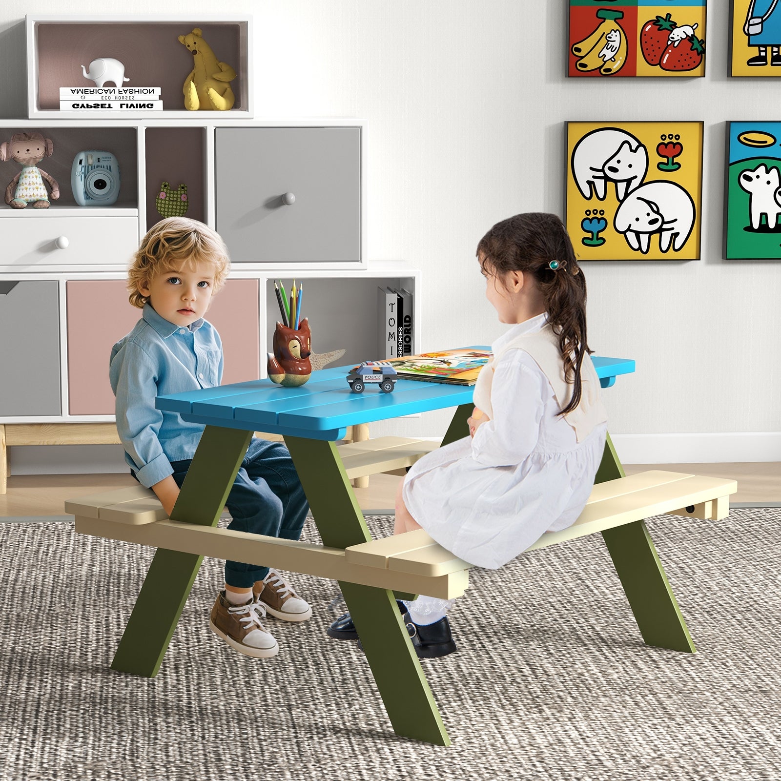 Kids Wooden Picnic Table Set With Built-In Benches Kids Table & Chair Sets at Gallery Canada