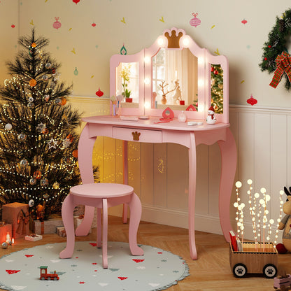 Kids Vanity Set With Tri-Fold Lighted Mirror, Detachable Top, Stool, Pink Kids Vanities at Gallery Canada