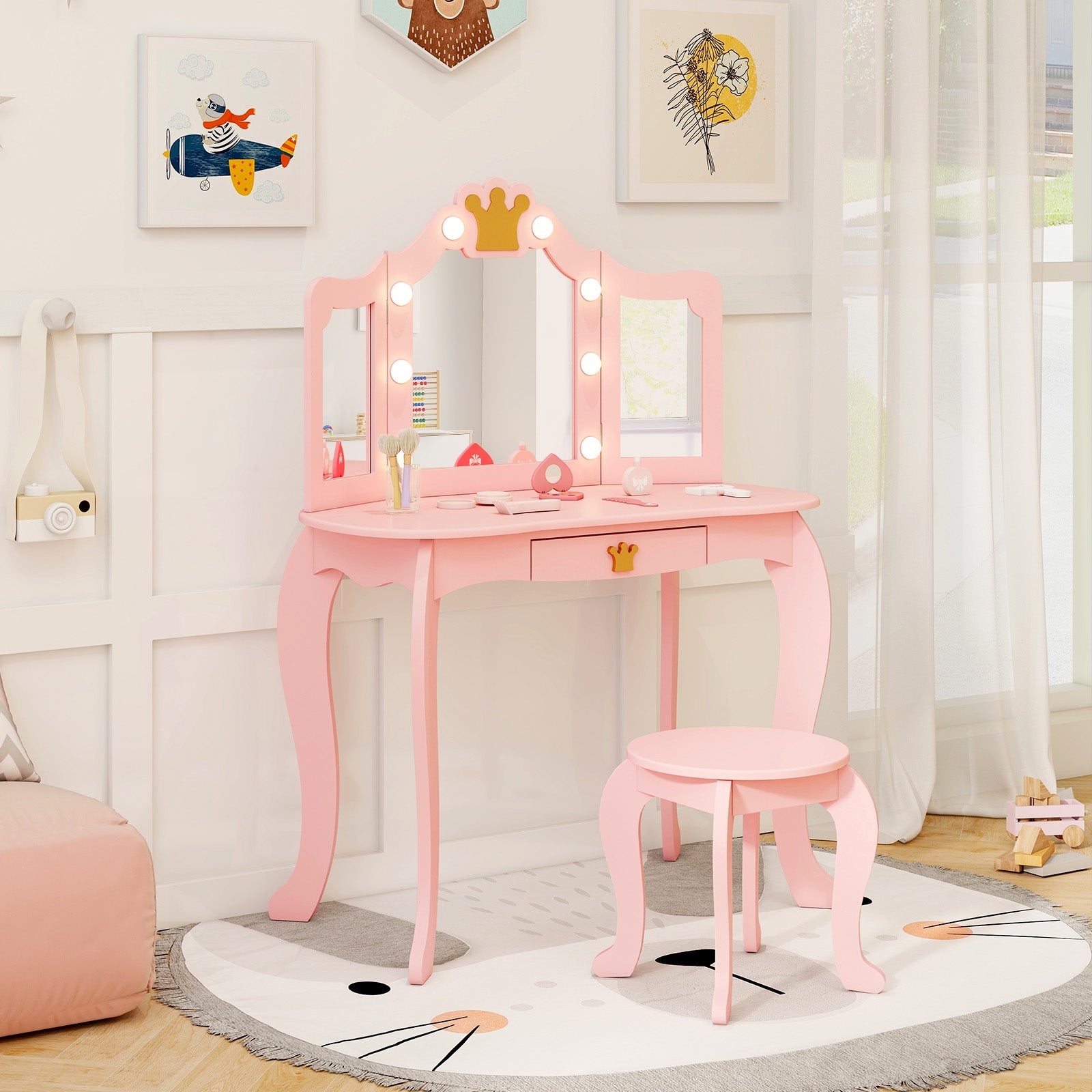 Kids Vanity Set With Tri-Fold Lighted Mirror, Detachable Top, Stool, Pink Kids Vanities at Gallery Canada