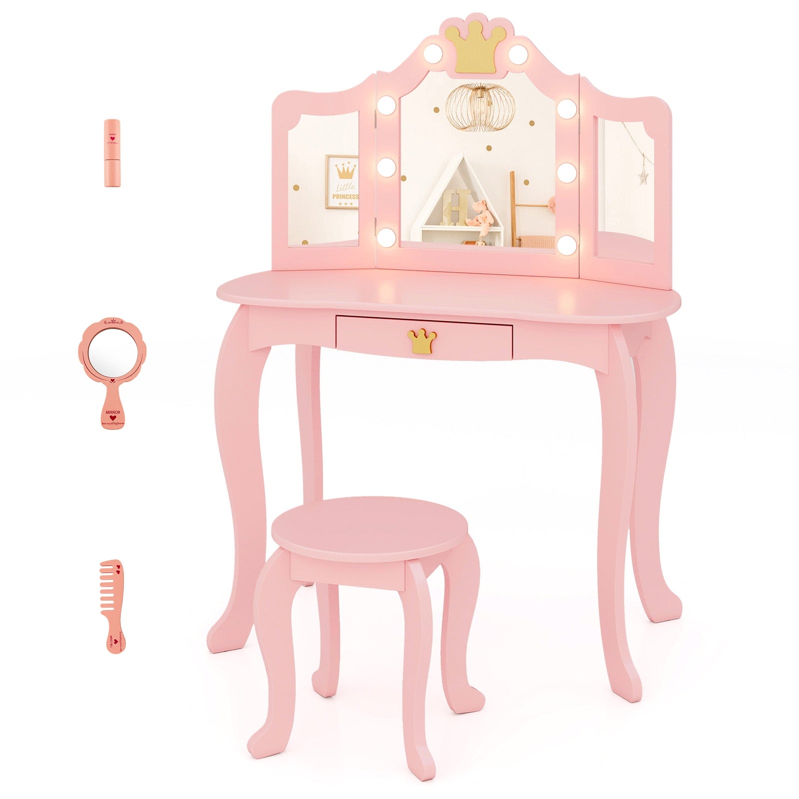 Kids Vanity Set With Tri-Fold Lighted Mirror, Detachable Top, Stool, Pink Kids Vanities at Gallery Canada