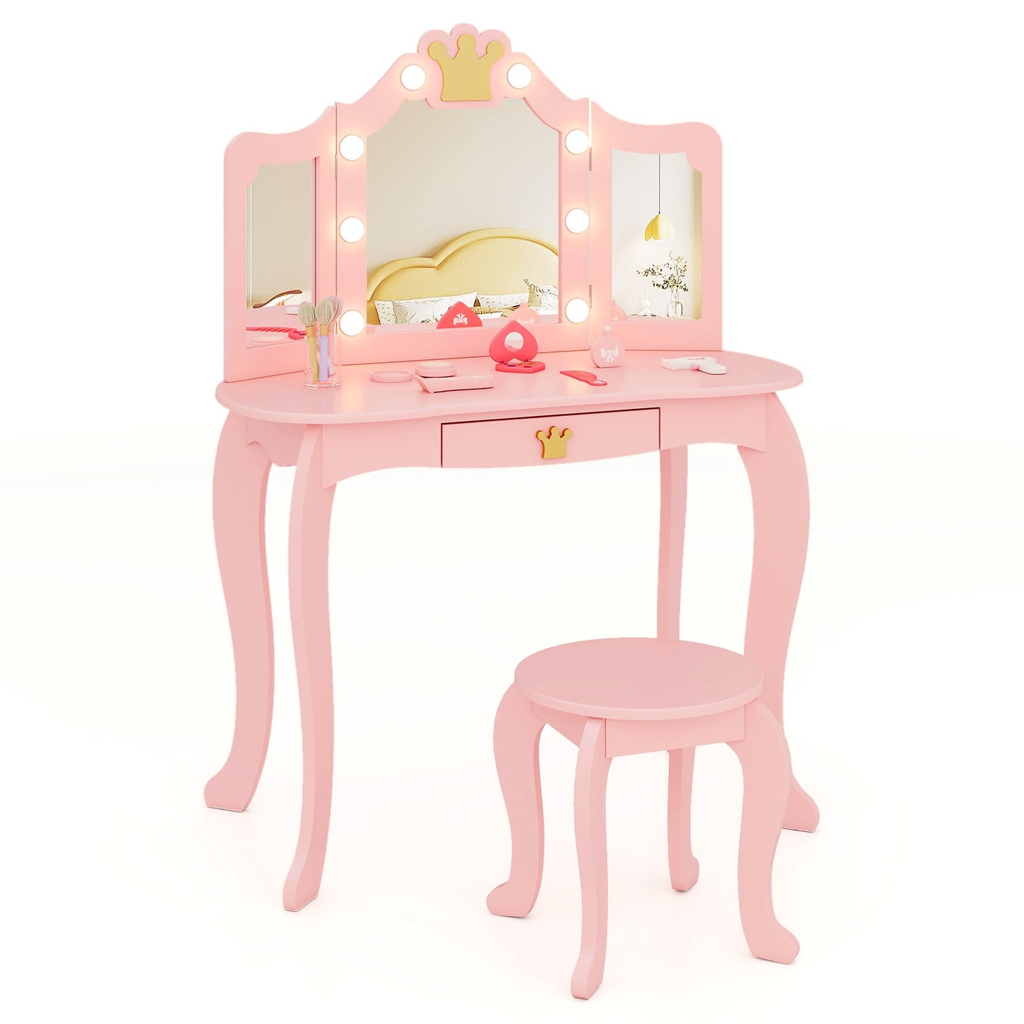 Kids Vanity Set With Tri-Fold Lighted Mirror, Detachable Top, Stool, Pink Kids Vanities at Gallery Canada