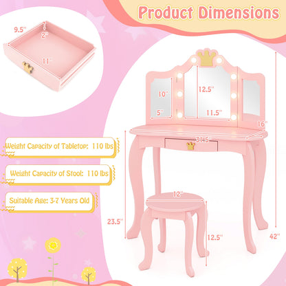 Kids Vanity Set With Tri-Fold Lighted Mirror, Detachable Top, Stool, Pink Kids Vanities at Gallery Canada