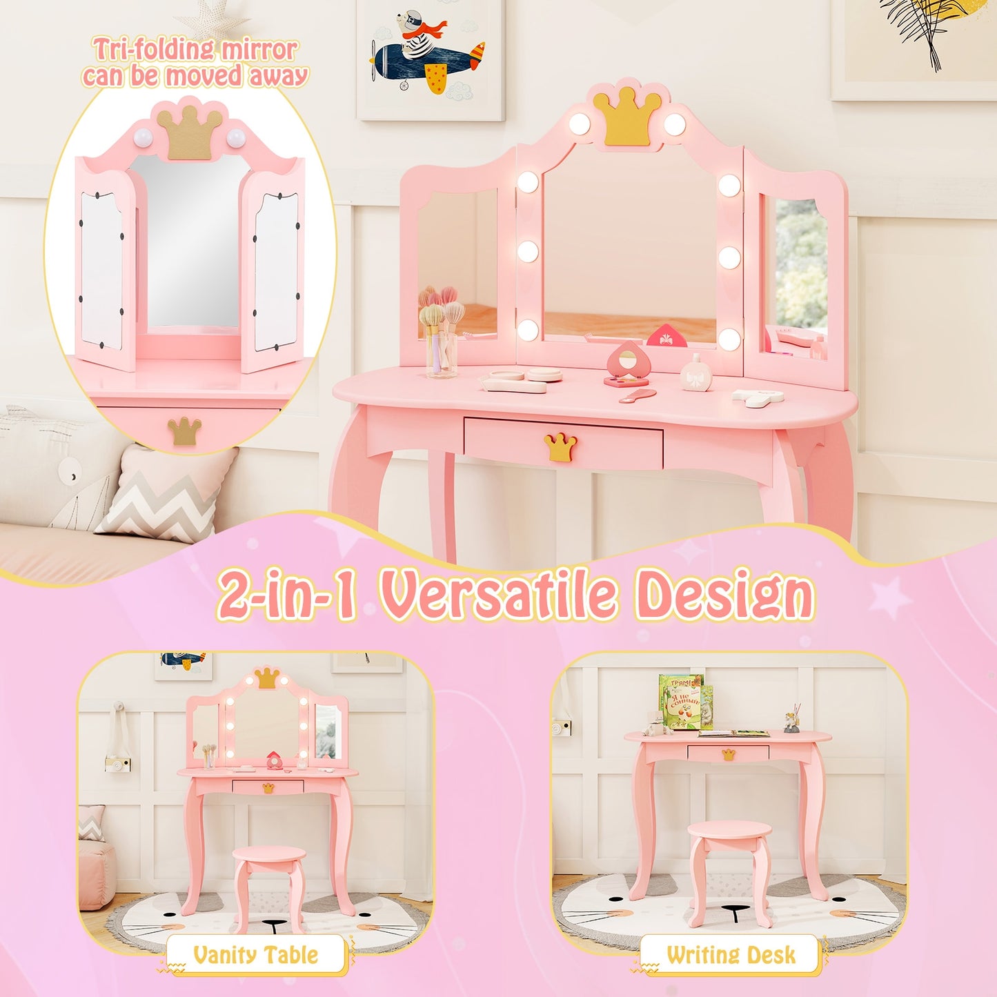 Kids Vanity Set With Tri-Fold Lighted Mirror, Detachable Top, Stool, Pink Kids Vanities at Gallery Canada
