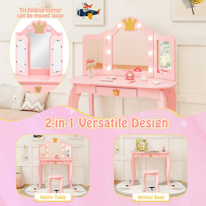 Kids Vanity Set With Tri-Fold Lighted Mirror, Detachable Top, Stool, Pink Kids Vanities at Gallery Canada