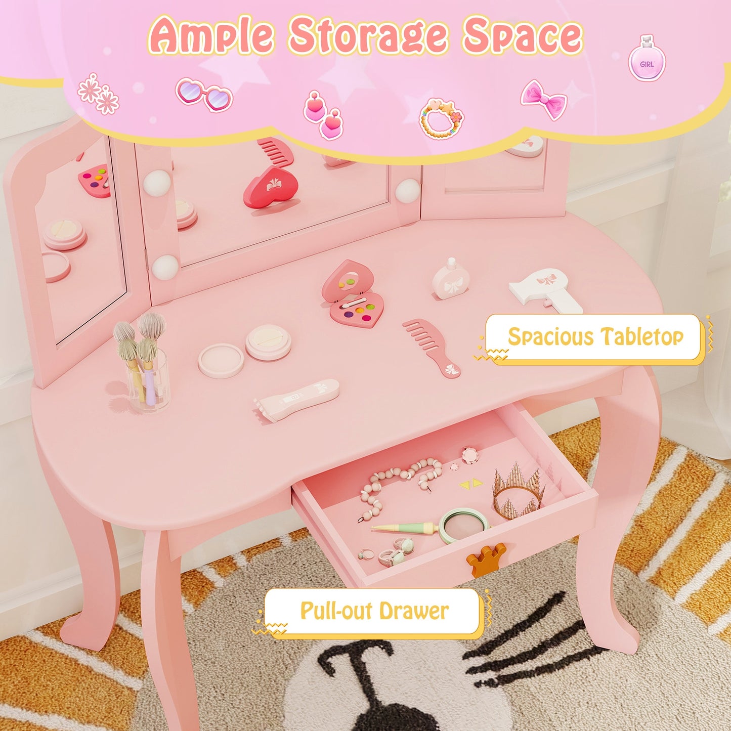 Kids Vanity Set With Tri-Fold Lighted Mirror, Detachable Top, Stool, Pink Kids Vanities at Gallery Canada