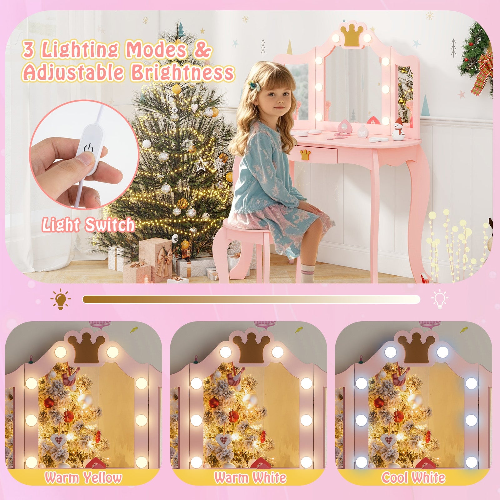 Kids Vanity Set With Tri-Fold Lighted Mirror, Detachable Top, Stool, Pink Kids Vanities at Gallery Canada